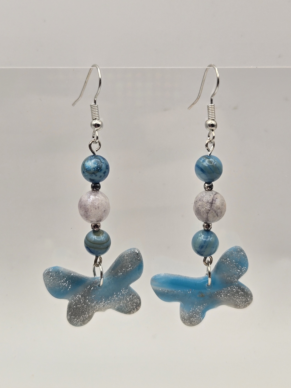 #B207- Blue Butterfly Bead Dangle Earrings - Dolomite Jasper And Shell